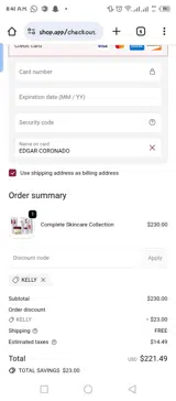 KELLY coupon verification screenshot