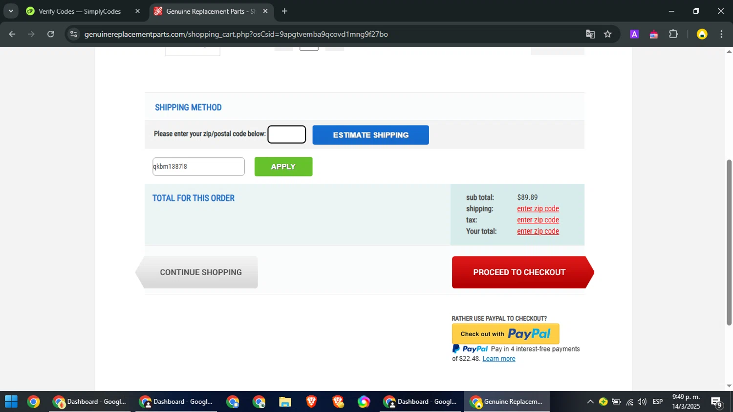 Genuine Replacement Parts promo code screenshot showing code qkbm1387l8 applied at Genuine Replacement Parts checkout page. Uploaded by SimplyCodes community member PromoScout874 on Mar 15, 2025