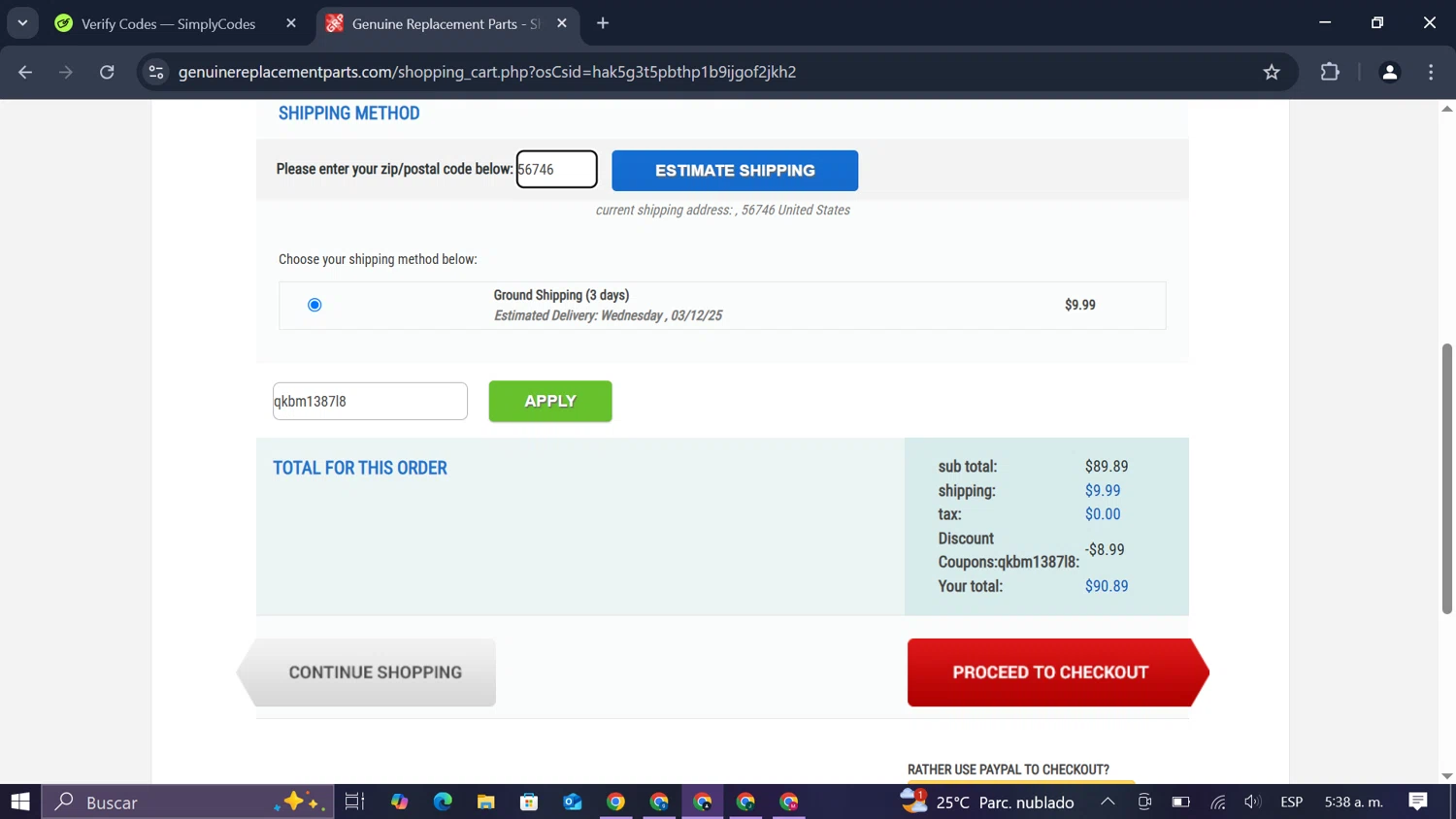 Genuine Replacement Parts checkout page showing Genuine Replacement Parts promo code box | Screenshot taken by SimplyCodes community member on Mar 7, 2025