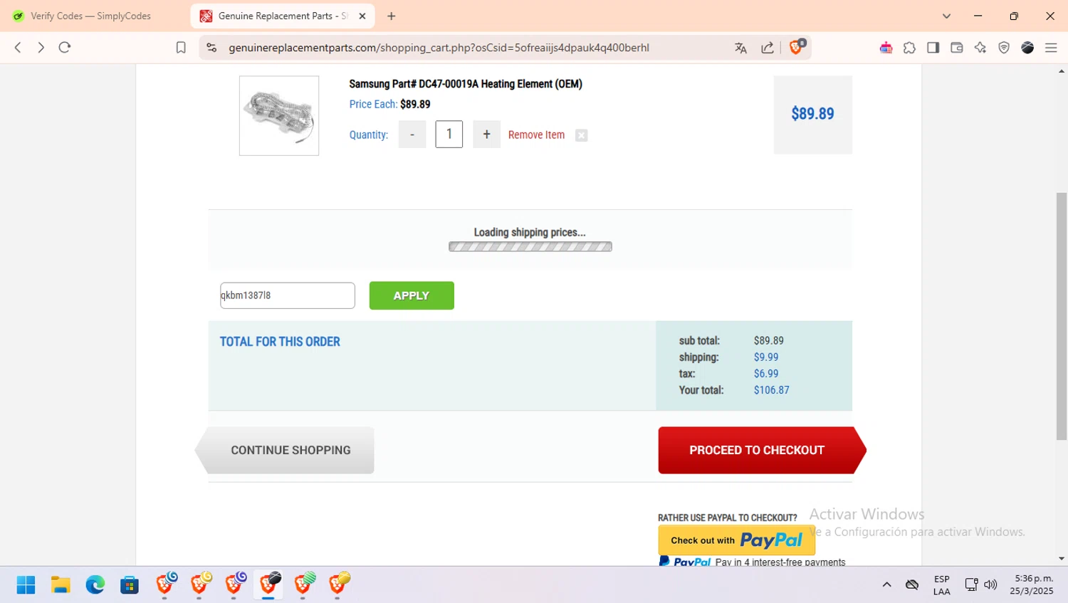 Genuine Replacement Parts promo code screenshot showing code qkbm1387l8 applied at Genuine Replacement Parts checkout page. Uploaded by SimplyCodes community member bombardeen_vzla on Mar 25, 2025