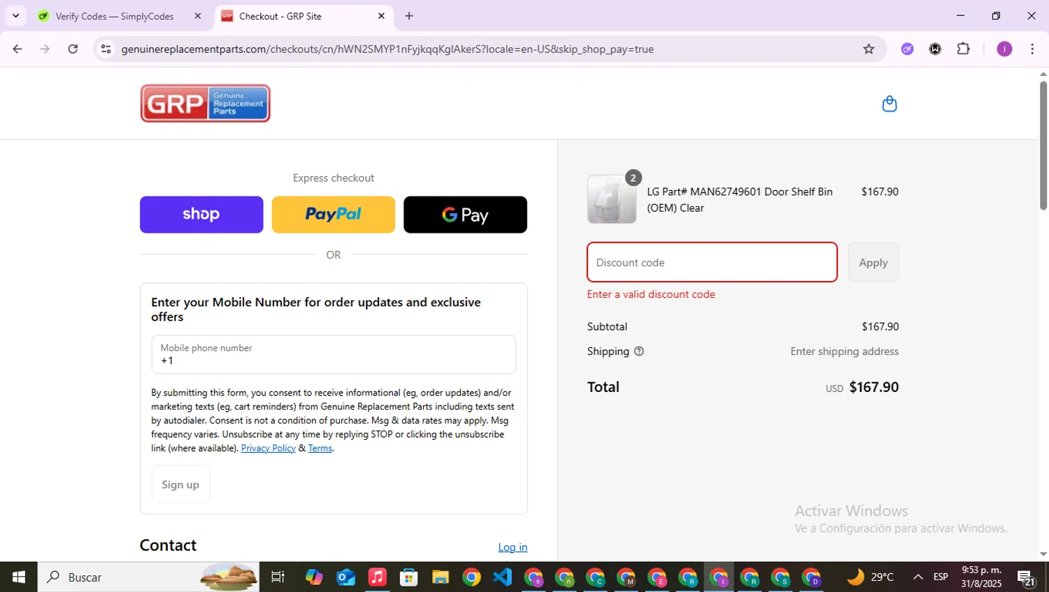 Genuine Replacement Parts promo code screenshot showing code ADD10 applied at Genuine Replacement Parts checkout page. Uploaded by SimplyCodes community member RebateAce6764 on Sep 1, 2025