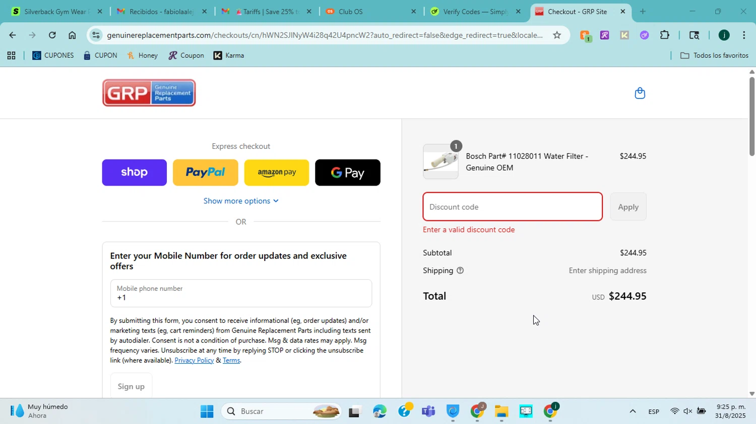 Genuine Replacement Parts promo code screenshot showing code ADD10 applied at Genuine Replacement Parts checkout page. Uploaded by SimplyCodes community member jorgejavierherrera on Sep 1, 2025