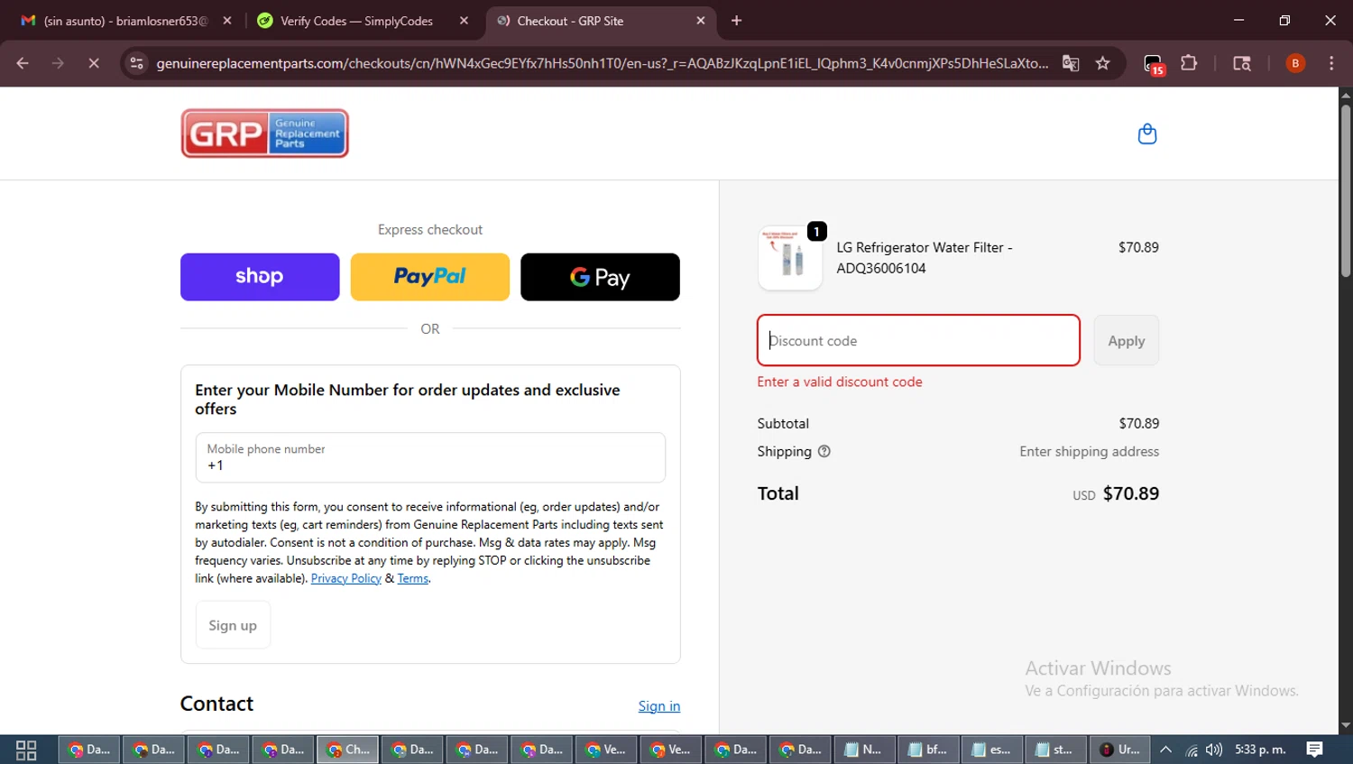 Genuine Replacement Parts promo code screenshot showing code lgdeal20 applied at Genuine Replacement Parts checkout page. Uploaded by SimplyCodes community member DiscountExpert6435 on Nov 5, 2025