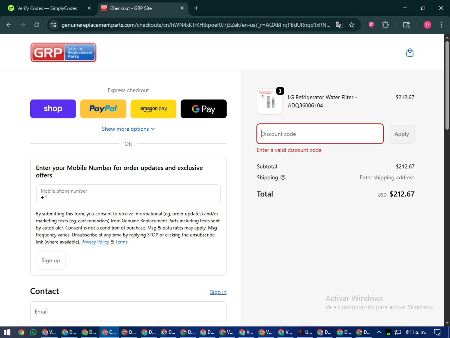 Genuine Replacement Parts promo code screenshot showing code lgdeal20 applied at Genuine Replacement Parts checkout page. Uploaded by SimplyCodes community member MoneySeeker7165 on Nov 5, 2025