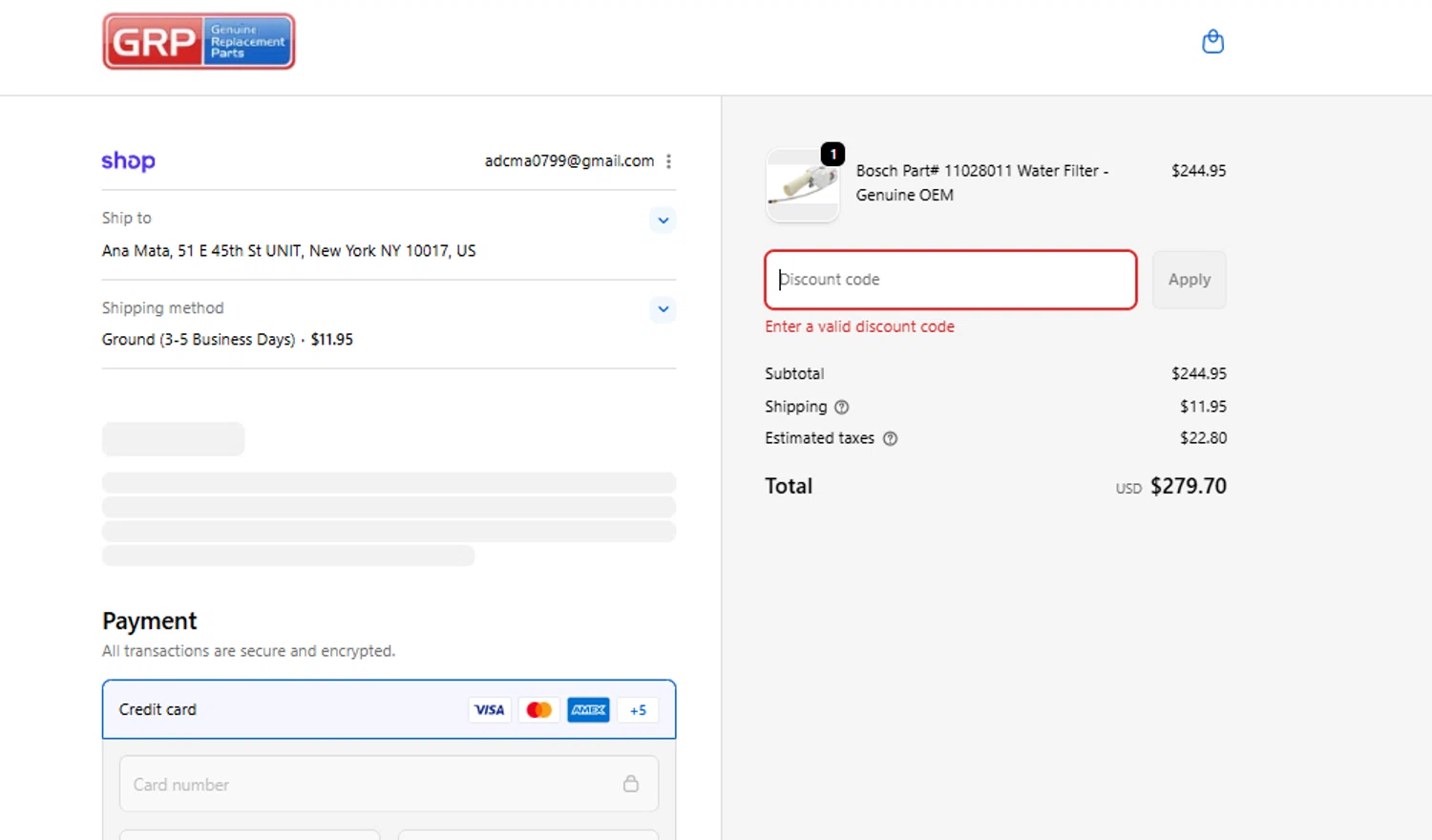 Genuine Replacement Parts promo code screenshot showing code lgdeal20 applied at Genuine Replacement Parts checkout page. Uploaded by SimplyCodes community member peachee on Nov 5, 2025