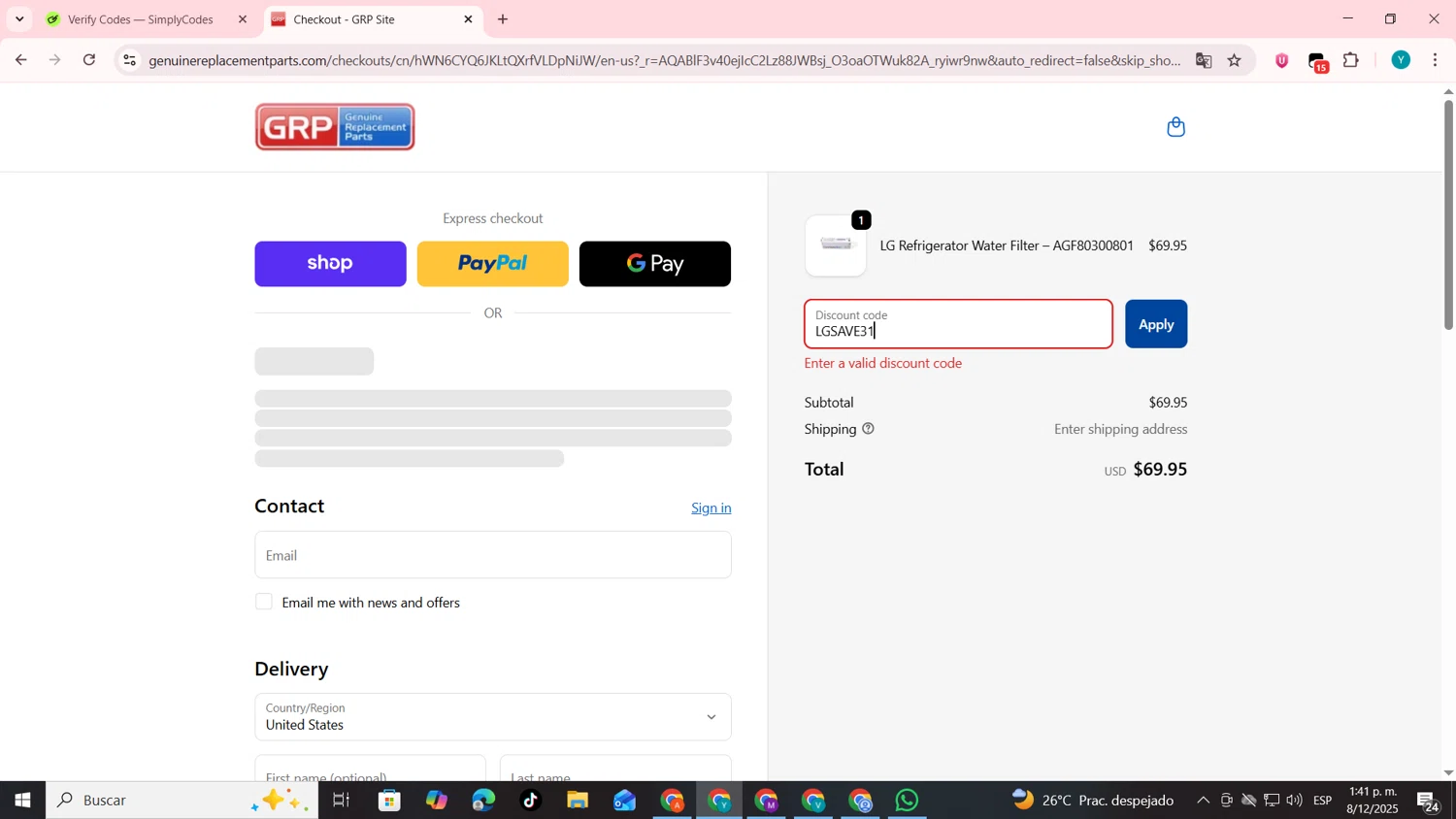 Genuine Replacement Parts promo code screenshot showing code LGSAVE31 applied at Genuine Replacement Parts checkout page. Uploaded by SimplyCodes community member codygakpo on Dec 8, 2025