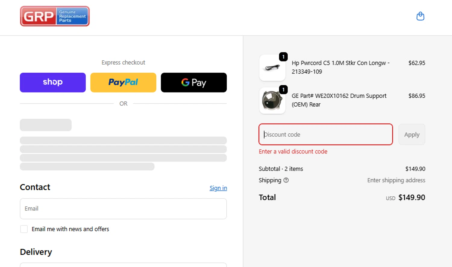 Genuine Replacement Parts promo code screenshot showing code LGSAVE20 applied at Genuine Replacement Parts checkout page. Uploaded by SimplyCodes community member SimplyCVerlie on Jan 13, 2026
