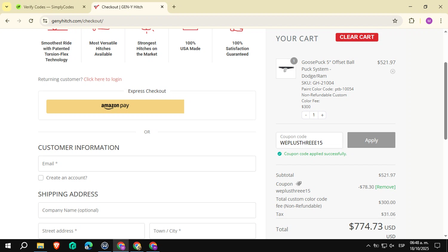 Gen-Y Hitch coupon code screenshot showing code WEPLUSTHREEE15 applied at Gen-Y Hitch checkout page. Uploaded by SimplyCodes community member NobleSeeker3177 on Oct 18, 2025