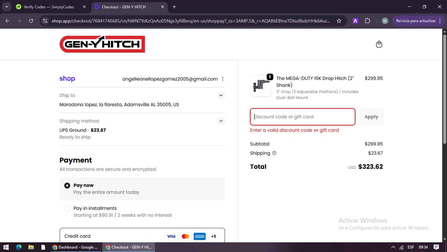 Gen-Y Hitch coupon code screenshot showing code WEPLUSTHREEE15 applied at Gen-Y Hitch checkout page. Uploaded by SimplyCodes community member maraxo on Jan 13, 2026
