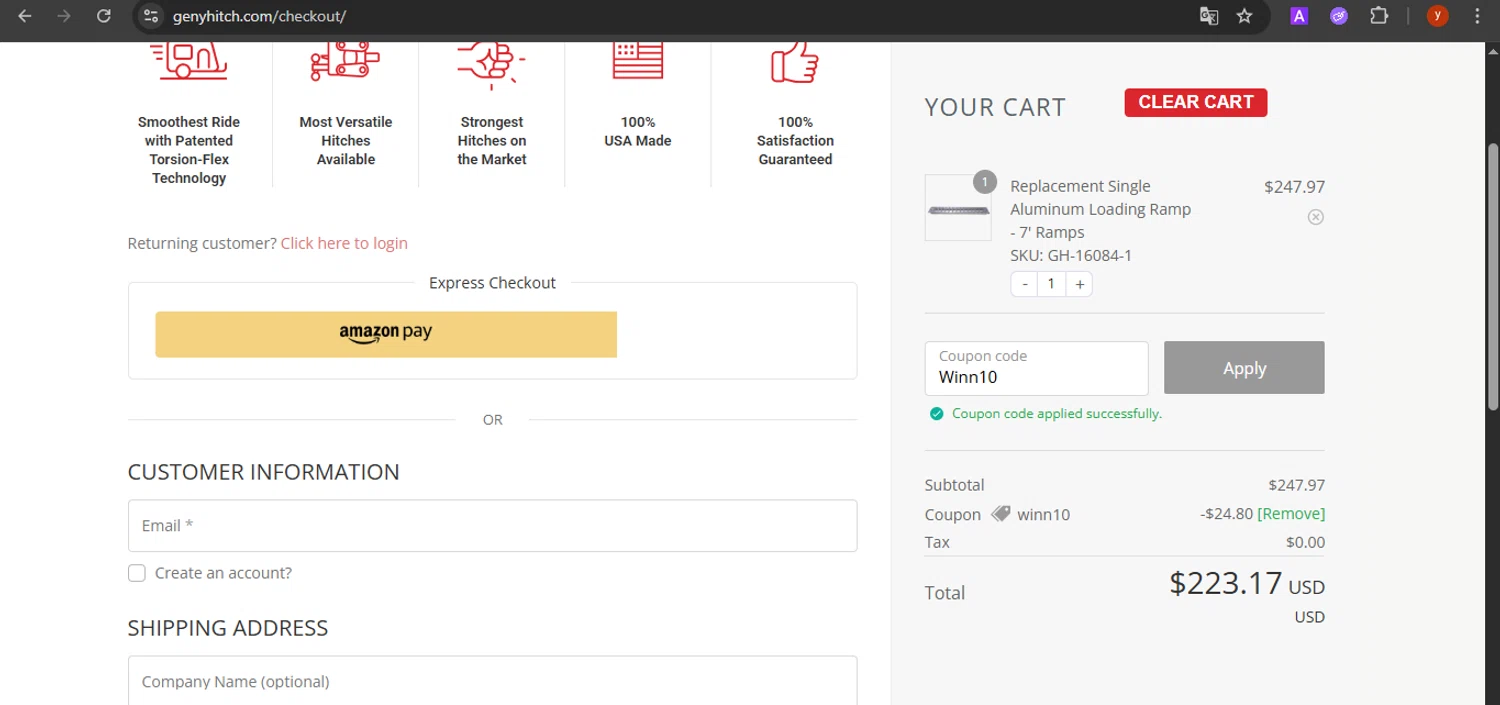 Gen-Y Hitch coupon code screenshot showing code Winn10 applied at Gen-Y Hitch checkout page. Uploaded by SimplyCodes community member CrownTiger7501 on Jul 23, 2025