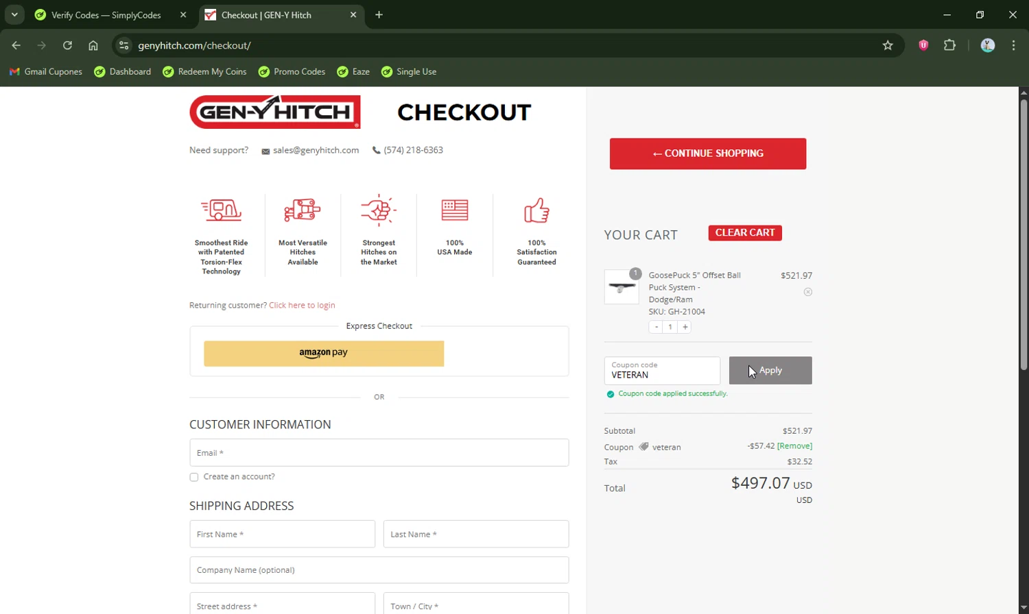 Gen-Y Hitch checkout page showing Gen-Y Hitch coupon code box | Screenshot taken by SimplyCodes community member on Nov 11, 2025