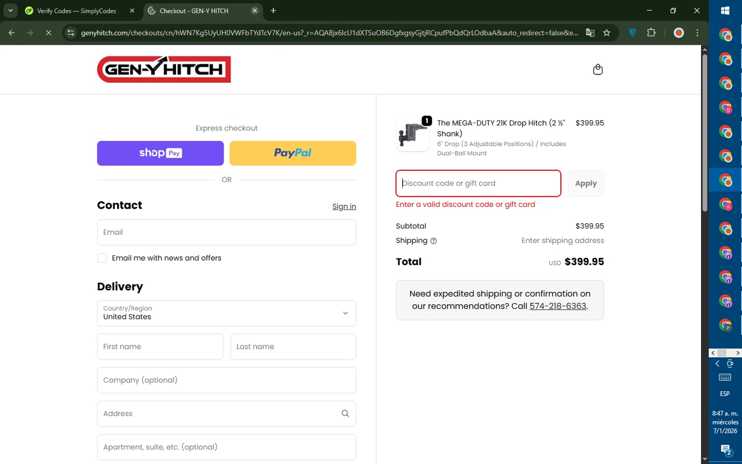 Gen-Y Hitch coupon code screenshot showing code FALALA applied at Gen-Y Hitch checkout page. Uploaded by SimplyCodes community member DealTiger9869 on Jan 7, 2026