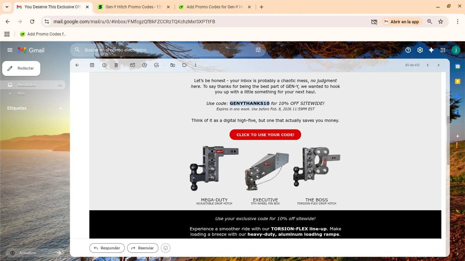 Gen-Y Hitch coupon code screenshot showing code GENYTHANKS10 applied at Gen-Y Hitch checkout page. Uploaded by SimplyCodes community member yennifergonzalez on Feb 2, 2026