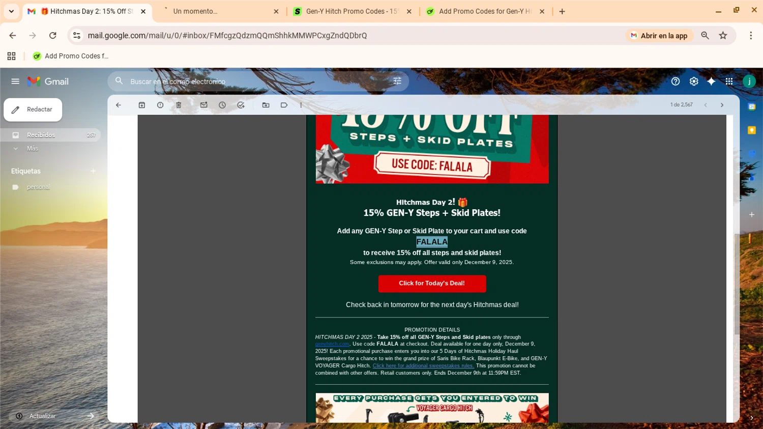 Gen-Y Hitch coupon code screenshot showing code FALALA applied at Gen-Y Hitch checkout page. Uploaded by SimplyCodes community member yennifergonzalez on Dec 9, 2025