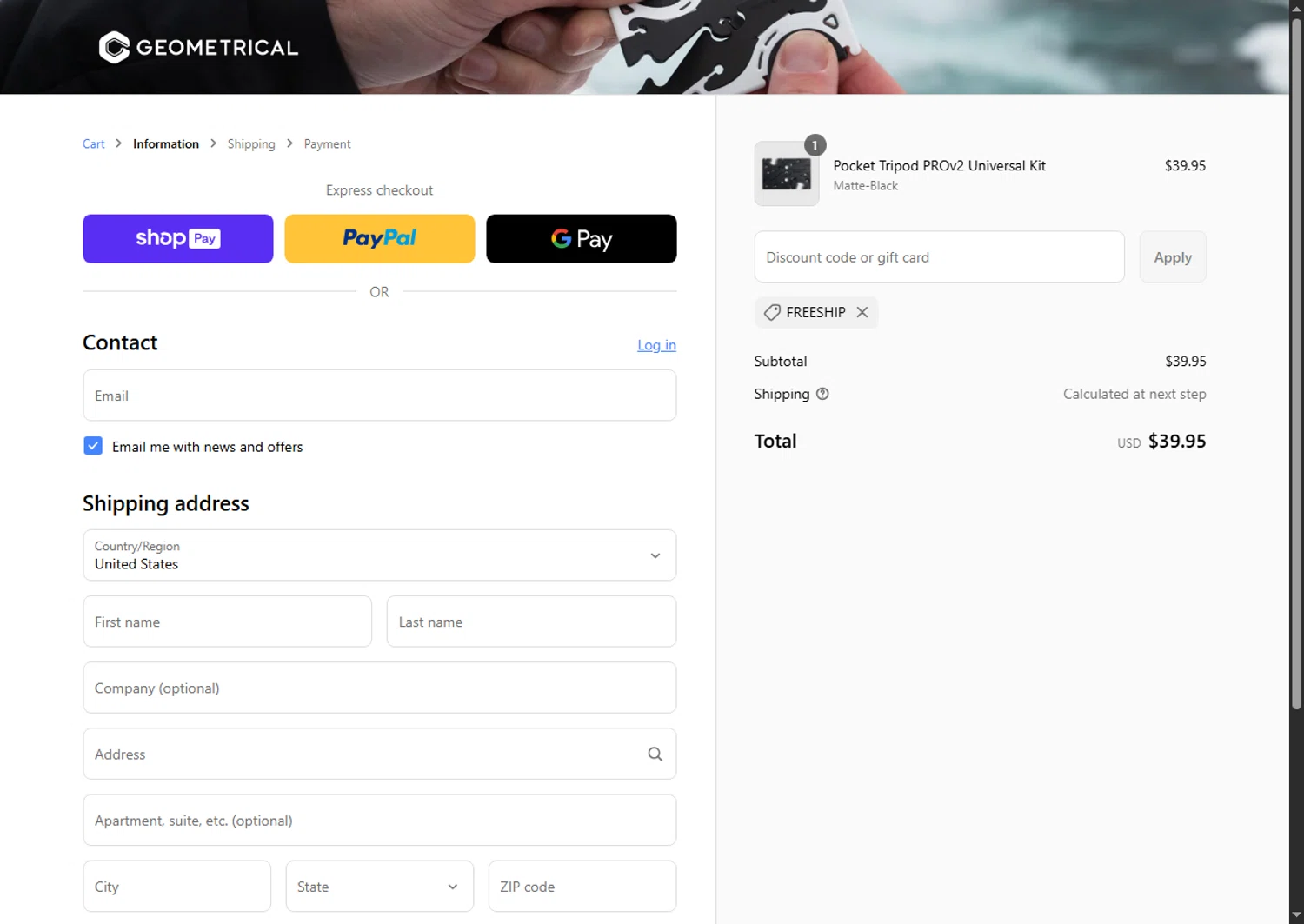 Geometrical Pocket Tripod promo code screenshot showing code FREESHIP applied at Geometrical Pocket Tripod checkout page. Uploaded by SimplyCodes community member Alejandra10 on Apr 18, 2025