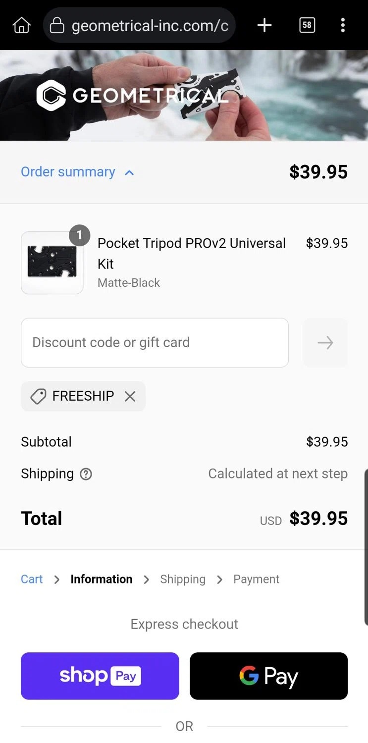Geometrical Pocket Tripod promo code screenshot showing code FREESHIP applied at Geometrical Pocket Tripod checkout page. Uploaded by SimplyCodes community member Carloslvz on Jun 15, 2025