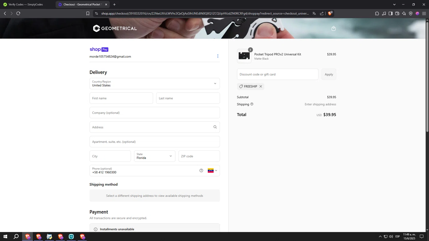 Geometrical Pocket Tripod promo code screenshot showing code FREESHIP applied at Geometrical Pocket Tripod checkout page. Uploaded by SimplyCodes community member kkkkkkkkkkkkkkkkkkkk on Jun 15, 2025