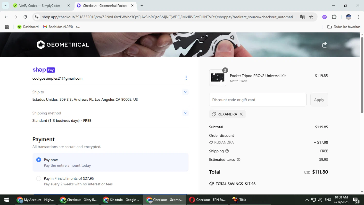 Geometrical Pocket Tripod promo code screenshot showing code RUXANDRA applied at Geometrical Pocket Tripod checkout page. Uploaded by SimplyCodes community member TrevorPhilips on Jun 14, 2025