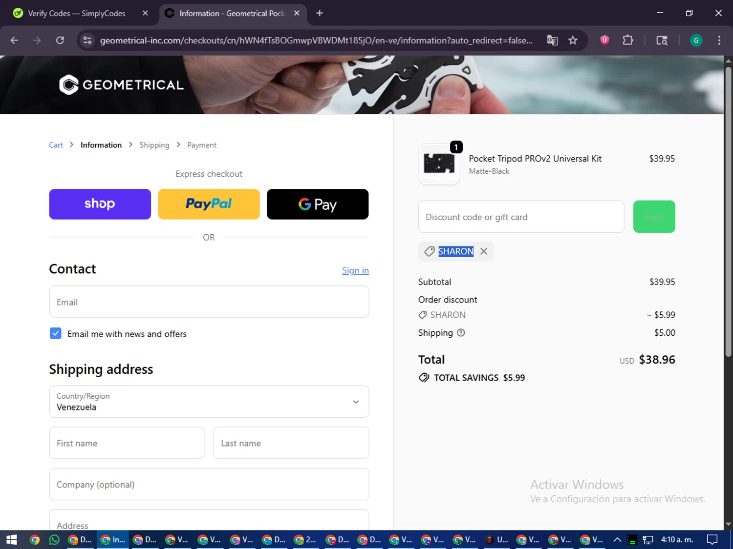Geometrical Pocket Tripod promo code screenshot showing code SHARON applied at Geometrical Pocket Tripod checkout page. Uploaded by SimplyCodes community member PennyFinder5759 on Oct 29, 2025