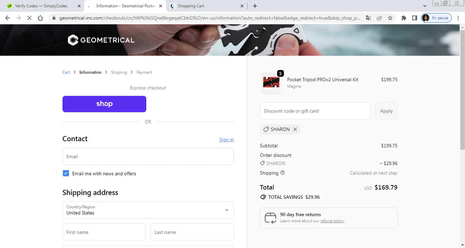 Geometrical Pocket Tripod promo code screenshot showing code SHARON applied at Geometrical Pocket Tripod checkout page. Uploaded by SimplyCodes community member PrimeAdmiral8733 on Oct 1, 2025