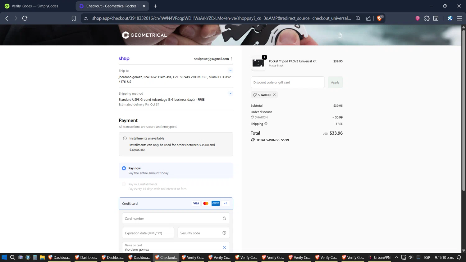 Geometrical Pocket Tripod promo code screenshot showing code SHARON applied at Geometrical Pocket Tripod checkout page. Uploaded by SimplyCodes community member SoulPower on Oct 25, 2025