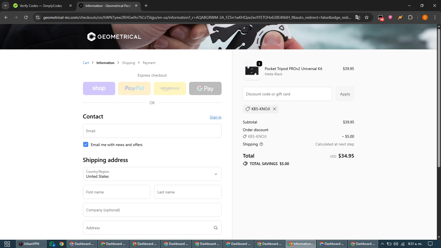 Geometrical Pocket Tripod promo code screenshot showing code KB5-KNOJI applied at Geometrical Pocket Tripod checkout page. Uploaded by SimplyCodes community member guest_192805448 on Jan 24, 2026