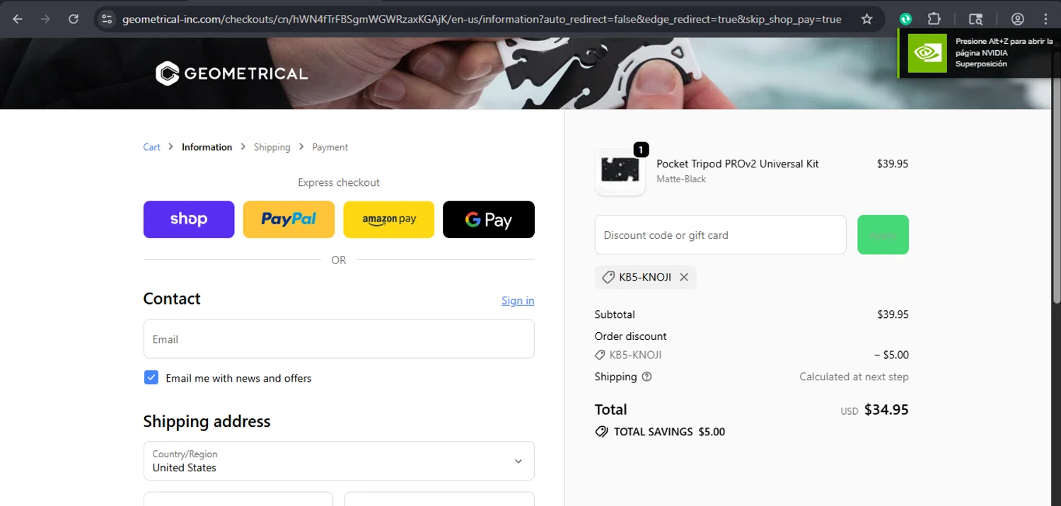Geometrical Pocket Tripod promo code screenshot showing code KB5-KNOJI applied at Geometrical Pocket Tripod checkout page. Uploaded by SimplyCodes community member xaswqe on Oct 29, 2025