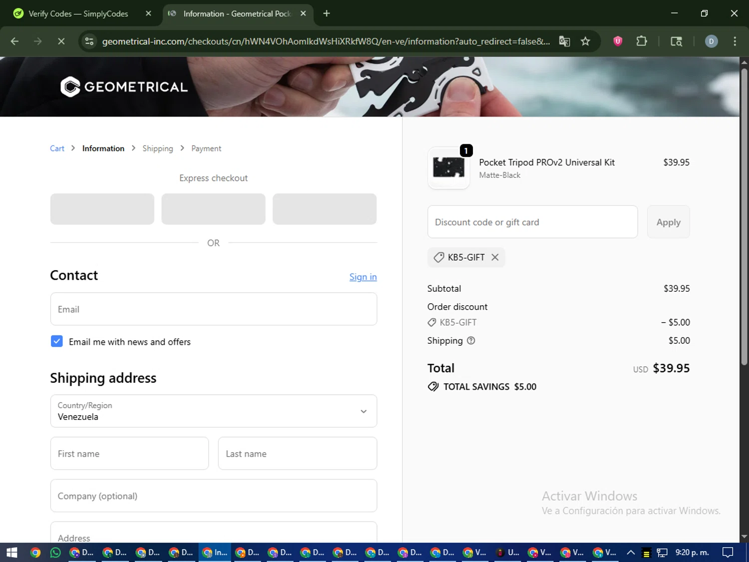 Geometrical Pocket Tripod promo code screenshot showing code KB5-GIFT applied at Geometrical Pocket Tripod checkout page. Uploaded by SimplyCodes community member CleverCurator2558 on Oct 25, 2025