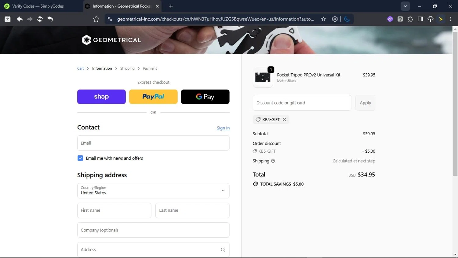 Geometrical Pocket Tripod promo code screenshot showing code KB5-GIFT applied at Geometrical Pocket Tripod checkout page. Uploaded by SimplyCodes community member USERR1 on Sep 18, 2025