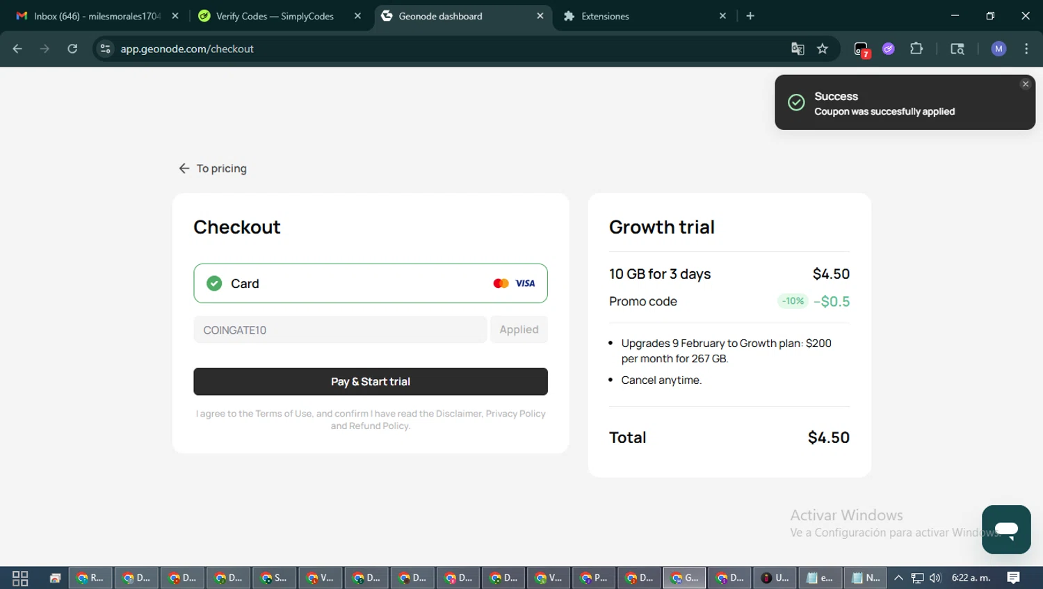 Geonode checkout page showing Geonode promo code box | Screenshot taken by SimplyCodes community member on Feb 6, 2026