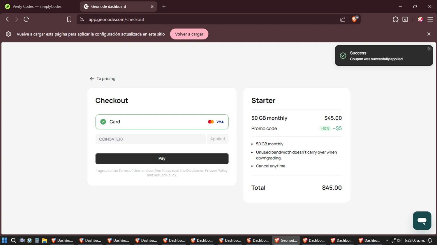 Geonode promo code screenshot showing code COINGATE10 applied at Geonode checkout page. Uploaded by SimplyCodes community member Shizuku on Feb 6, 2026