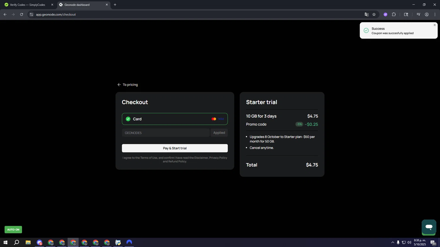 Geonode promo code screenshot showing code GEONODE5 applied at Geonode checkout page. Uploaded by SimplyCodes community member fffffffffffffffffff on Oct 6, 2025