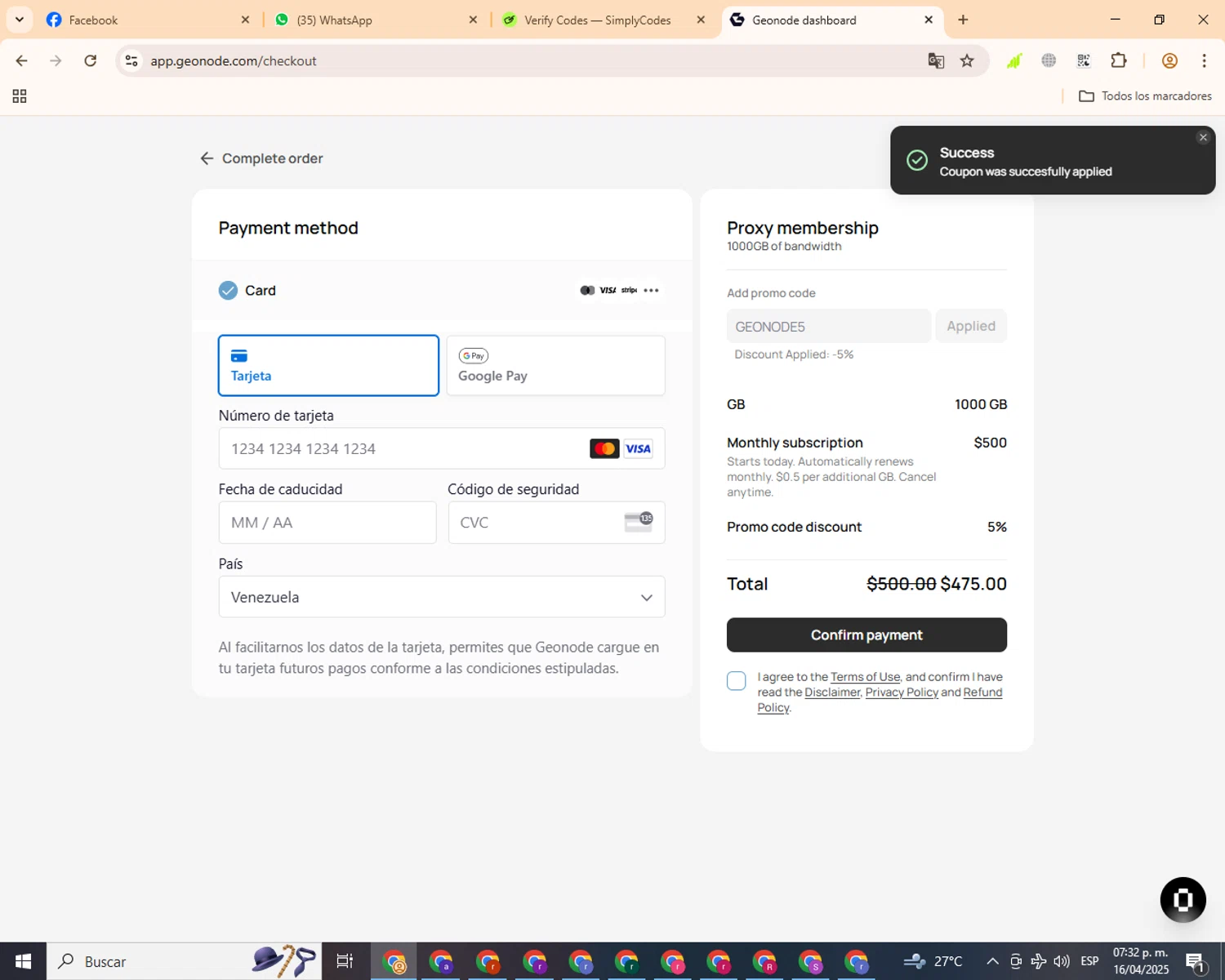 Geonode promo code screenshot showing code GEONODE5 applied at Geonode checkout page. Uploaded by SimplyCodes community member ashe1986 on Apr 16, 2025