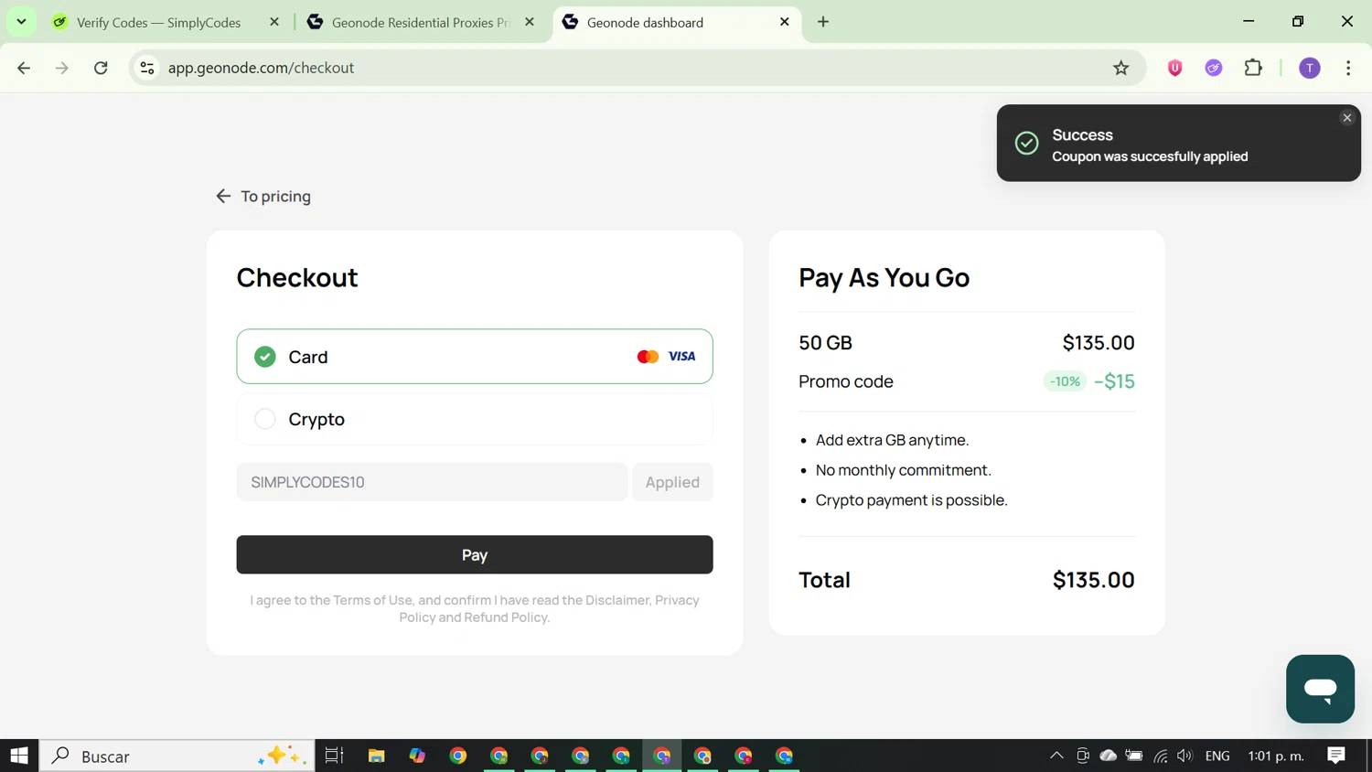 Geonode promo code screenshot showing code SIMPLYCODES10 applied at Geonode checkout page. Uploaded by SimplyCodes community member FortunateCurator5882 on Nov 11, 2025