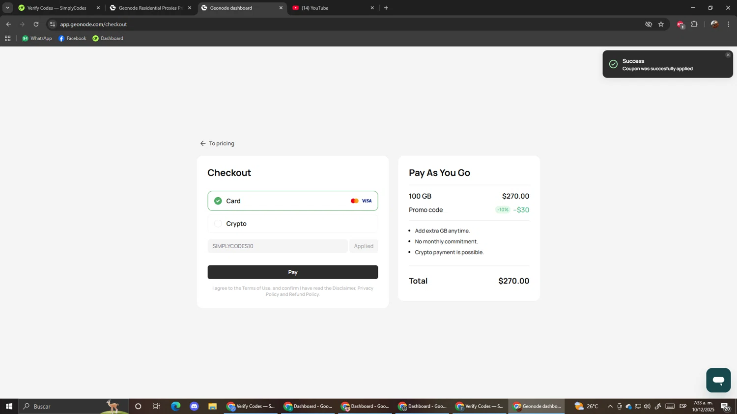 Geonode promo code screenshot showing code SIMPLYCODES10 applied at Geonode checkout page. Uploaded by SimplyCodes community member ScanShopper554 on Dec 10, 2025