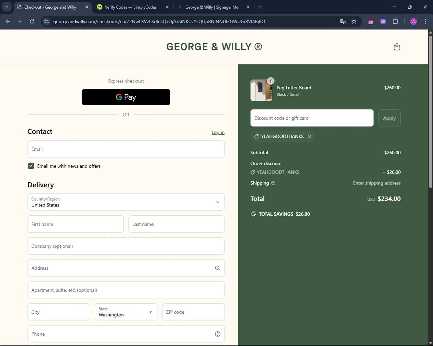 George and Willy discount code screenshot showing code YEAHGOODTHANKS applied at George and Willy checkout page. Uploaded by SimplyCodes community member AndreinaA on Apr 24, 2025