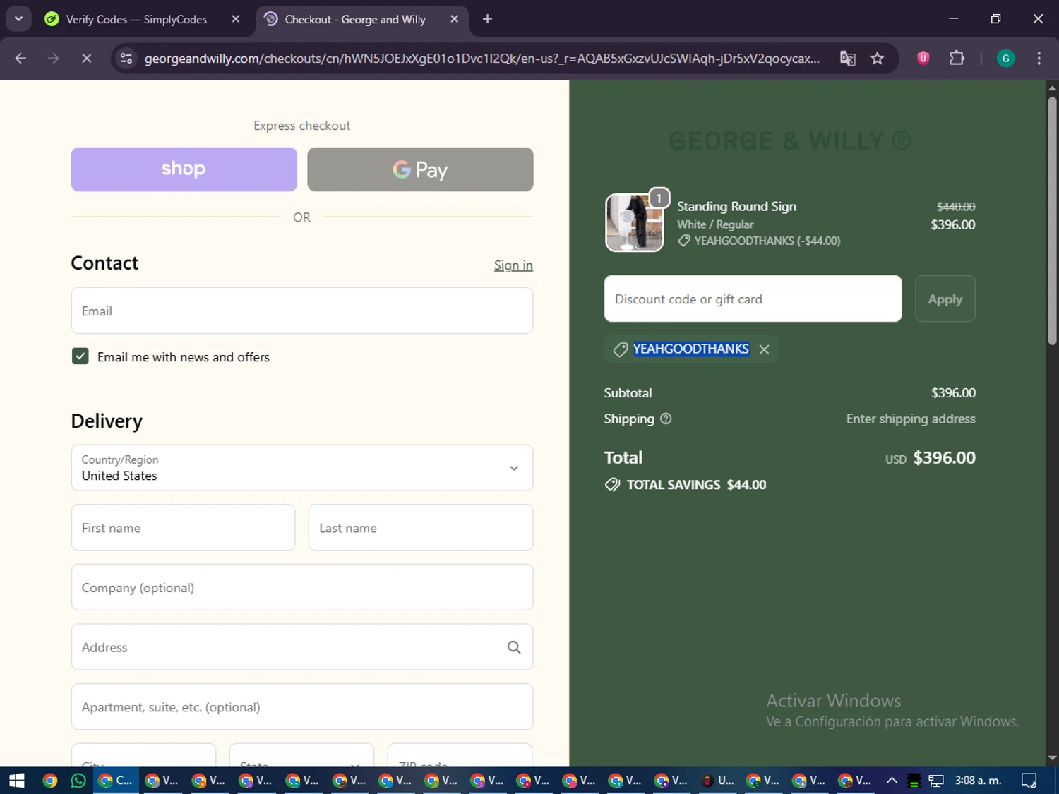 George and Willy discount code screenshot showing code YEAHGOODTHANKS applied at George and Willy checkout page. Uploaded by SimplyCodes community member PennyFinder5759 on Nov 15, 2025