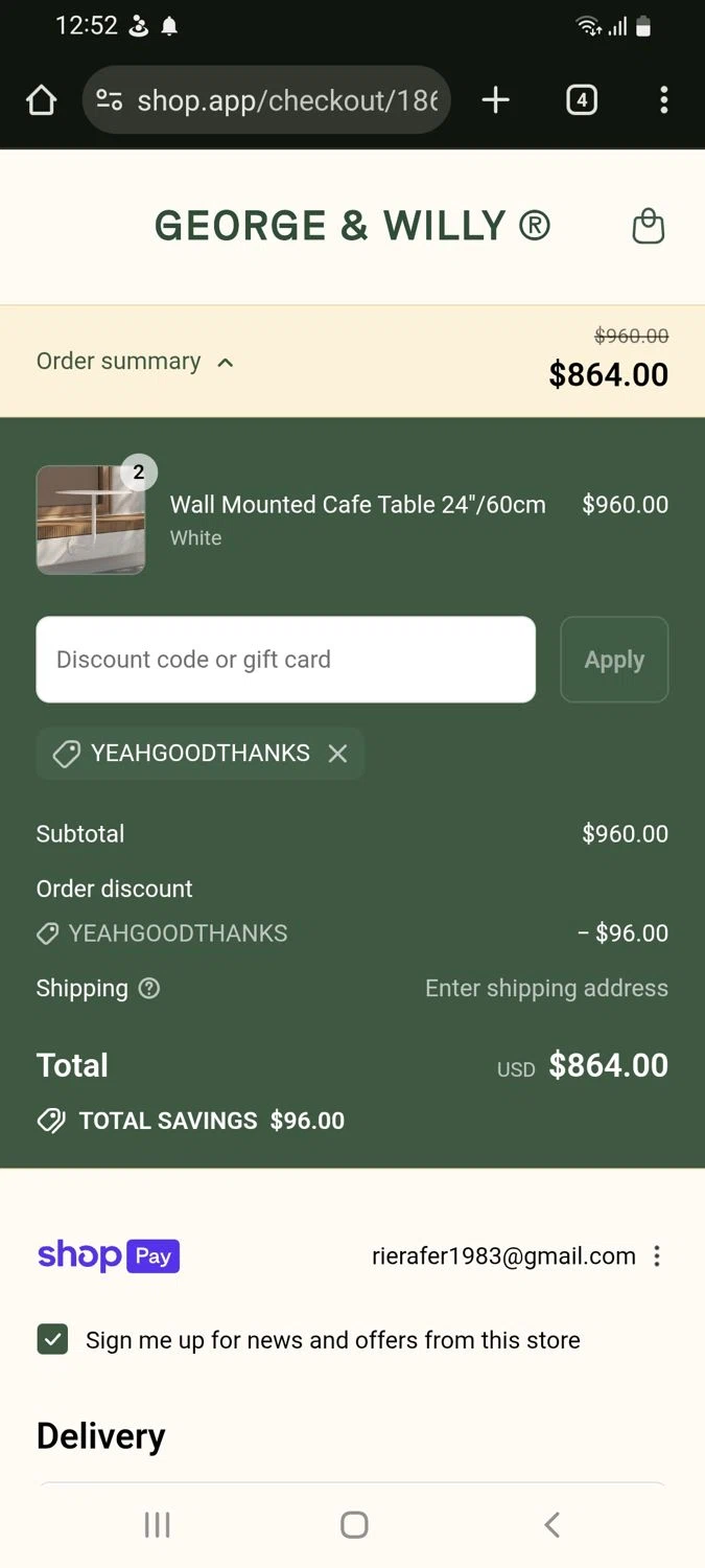 George and Willy discount code screenshot showing code YEAHGOODTHANKS applied at George and Willy checkout page. Uploaded by SimplyCodes community member tulioriera on Jul 23, 2025