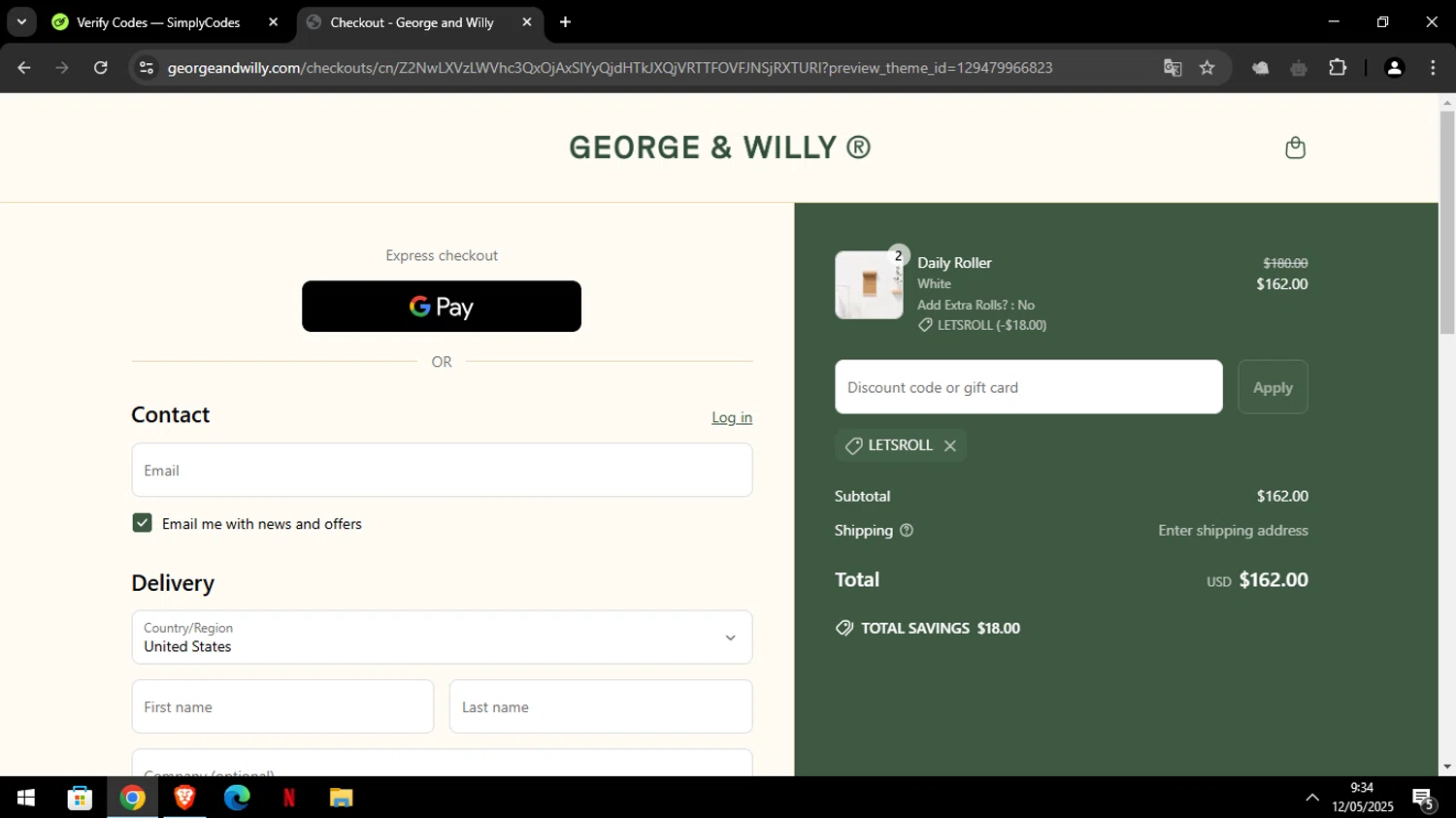 George and Willy discount code screenshot showing code LETSROLL applied at George and Willy checkout page. Uploaded by SimplyCodes community member Luckystrike on May 12, 2025