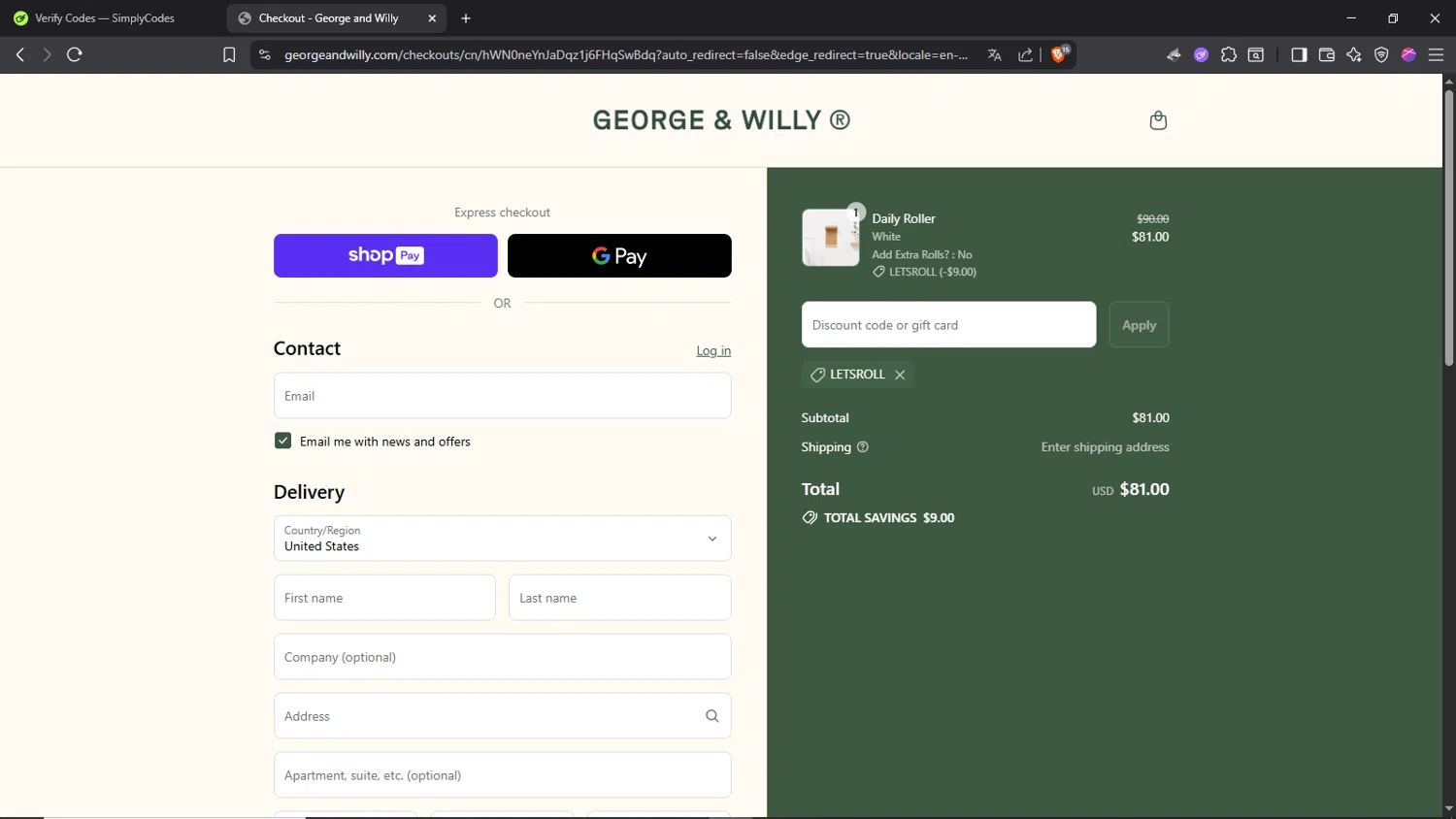 George and Willy discount code screenshot showing code LETSROLL applied at George and Willy checkout page. Uploaded by SimplyCodes community member Morrachida04 on Jul 19, 2025