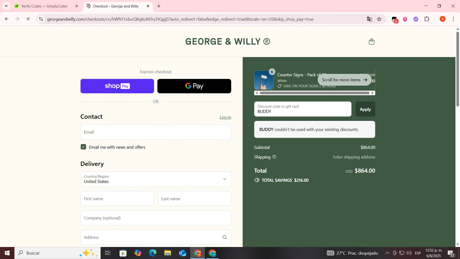 George and Willy discount code screenshot showing code BUDDY applied at George and Willy checkout page. Uploaded by SimplyCodes community member FrugalSentinel6206 on Aug 6, 2025