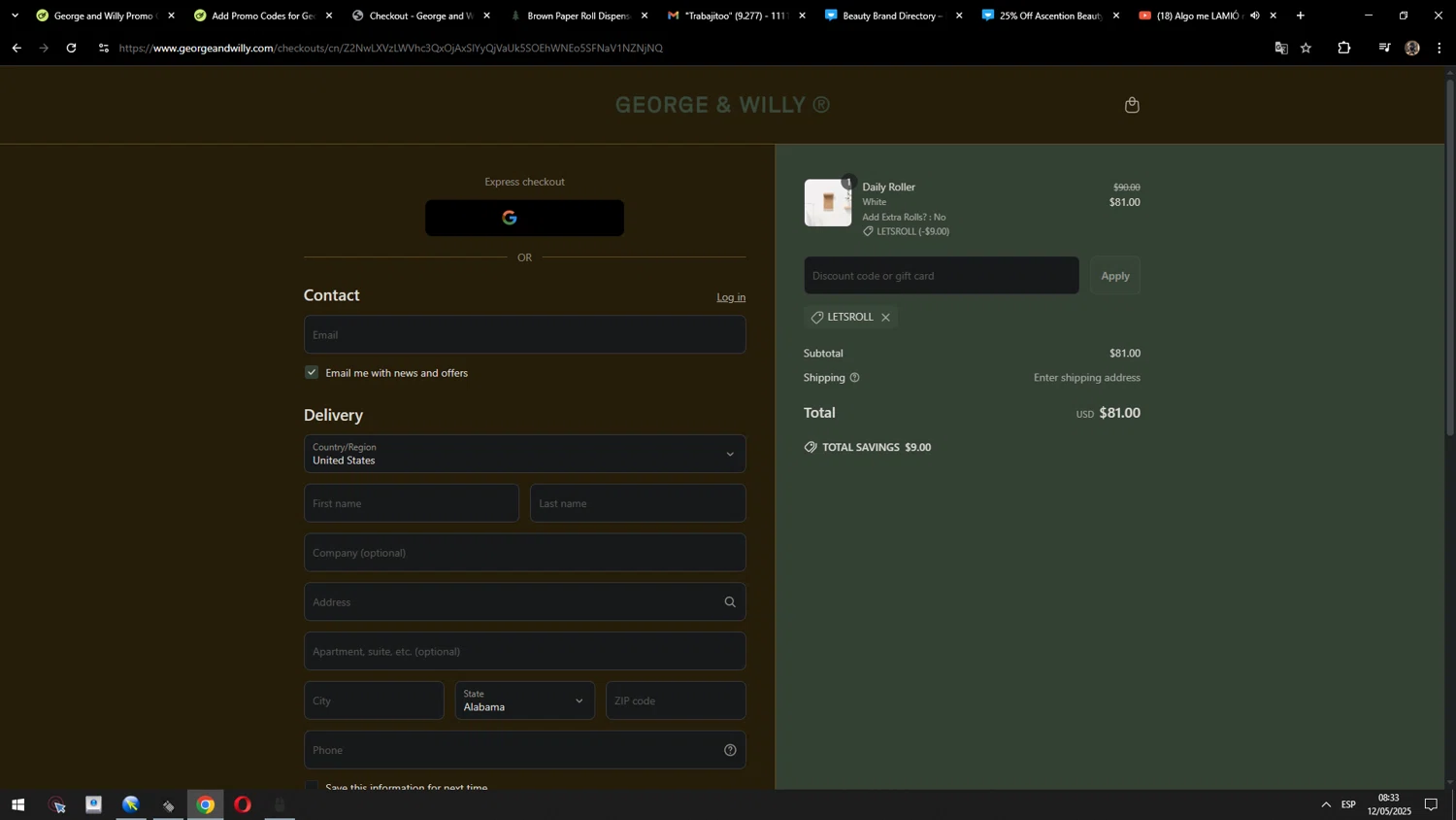 George and Willy discount code screenshot showing code LETSROLL applied at George and Willy checkout page. Uploaded by SimplyCodes community member MarcosAranguren on May 12, 2025