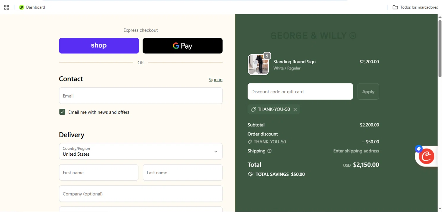 George and Willy discount code screenshot showing code THANK-YOU-50 applied at George and Willy checkout page. Uploaded by SimplyCodes community member Speedy on Dec 8, 2025