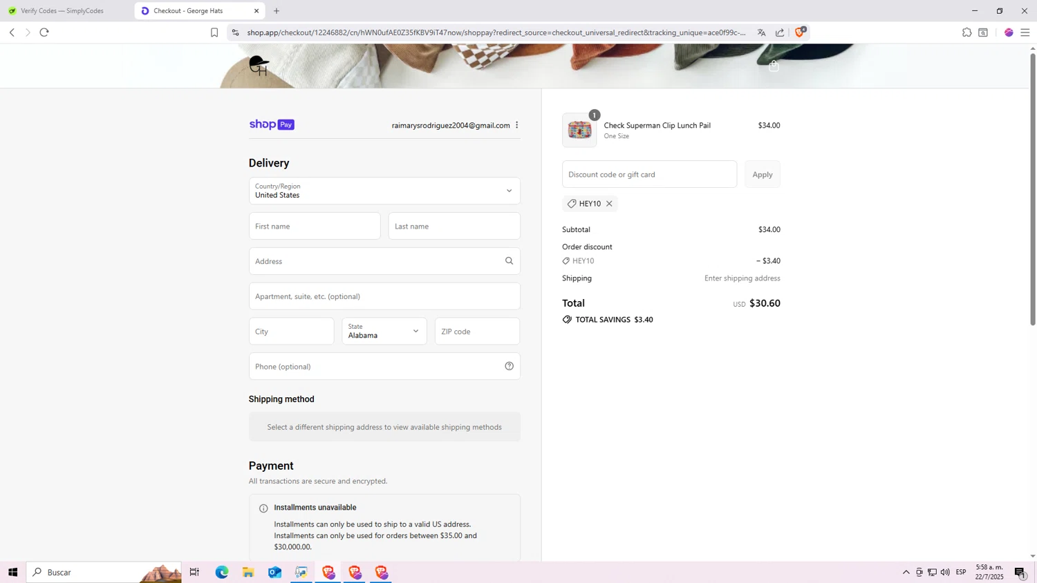 George Hats coupon code screenshot showing code HEY10 applied at George Hats checkout page. Uploaded by SimplyCodes community member Machi005 on Jul 22, 2025