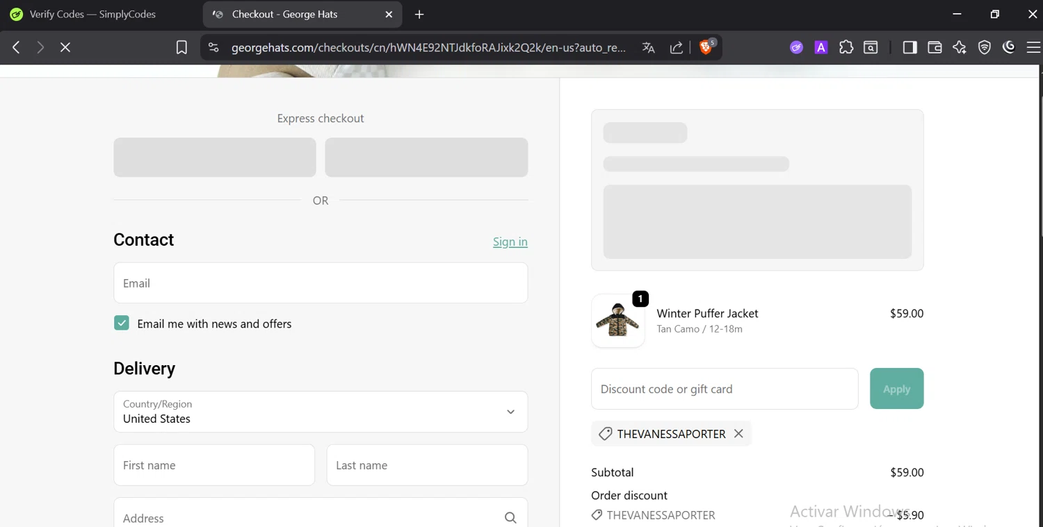 George Hats coupon code screenshot showing code THEVANESSAPORTER applied at George Hats checkout page. Uploaded by SimplyCodes community member DiaCritics on Oct 17, 2025