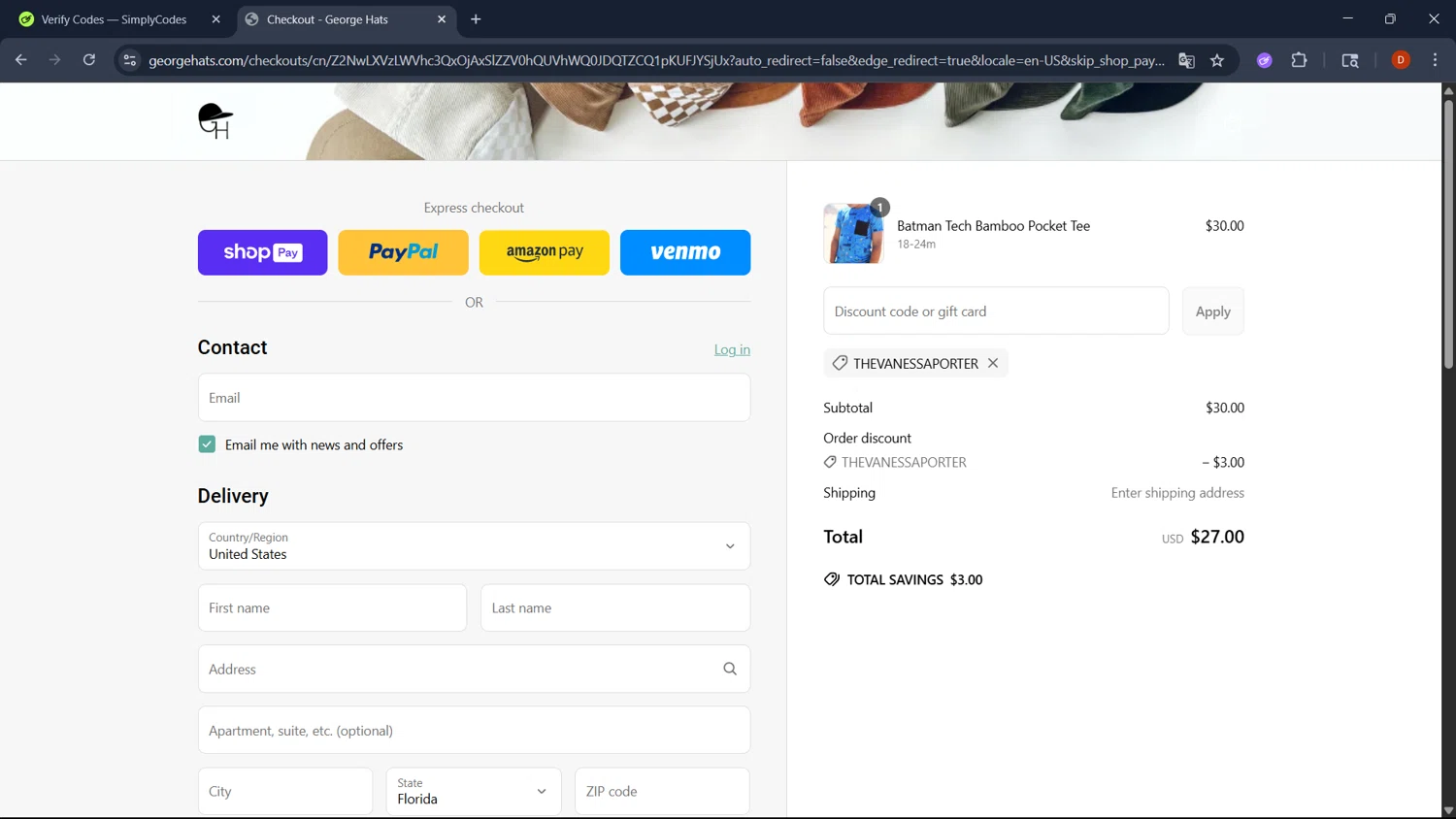 George Hats coupon code screenshot showing code THEVANESSAPORTER applied at George Hats checkout page. Uploaded by SimplyCodes community member RoyalSaver3150 on May 23, 2025
