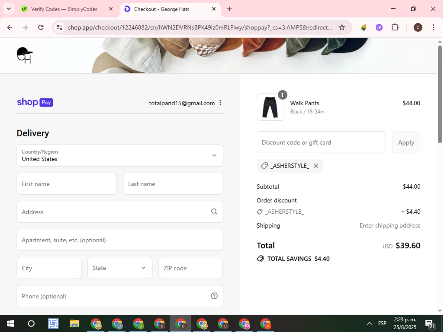 George Hats coupon code screenshot showing code _ASHERSTYLE_ applied at George Hats checkout page. Uploaded by SimplyCodes community member WonderCurator7831 on Aug 25, 2025