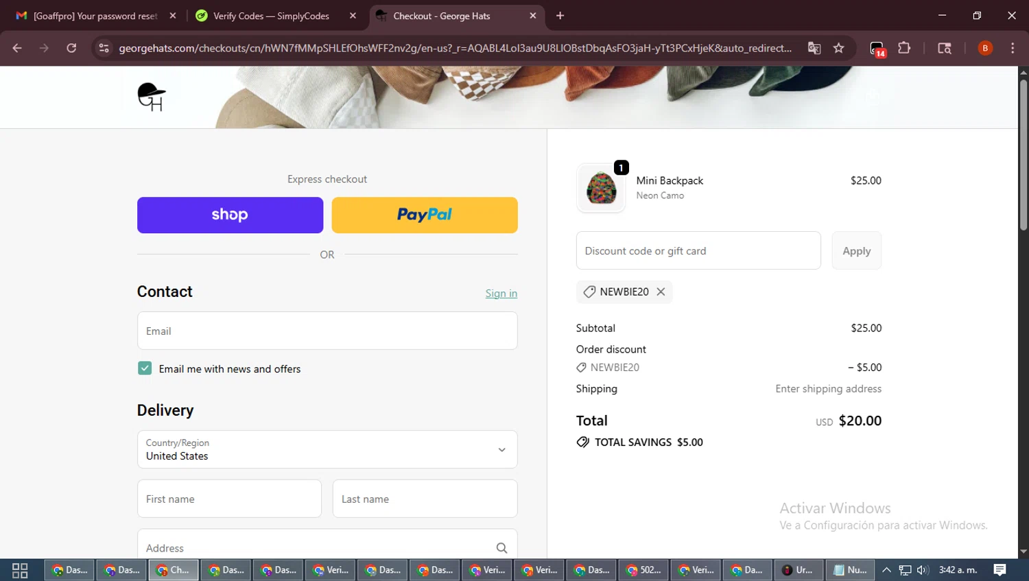 George Hats coupon code screenshot showing code NEWBIE20 applied at George Hats checkout page. Uploaded by SimplyCodes community member DiscountExpert6435 on Jan 16, 2026
