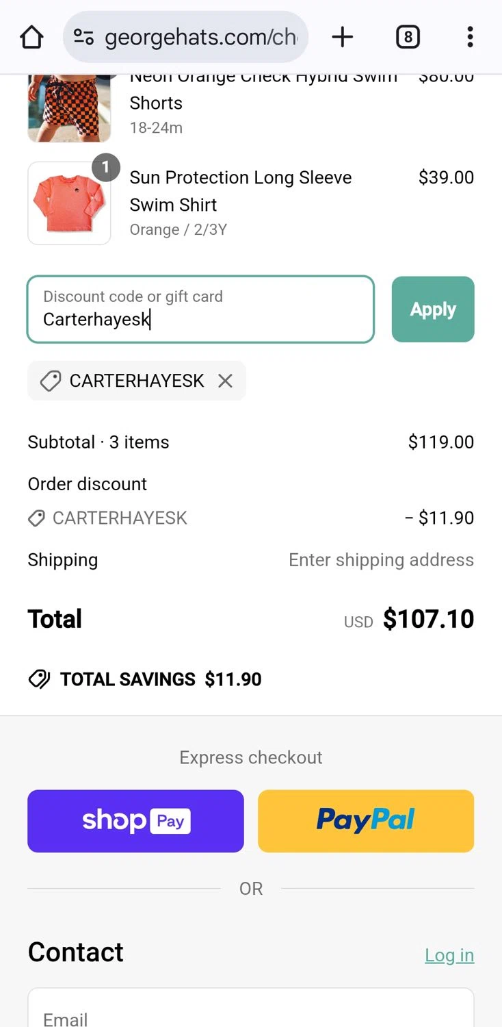 George Hats coupon code screenshot showing code Carterhayesk applied at George Hats checkout page. Uploaded by SimplyCodes community member KarinaHZ on Mar 23, 2025