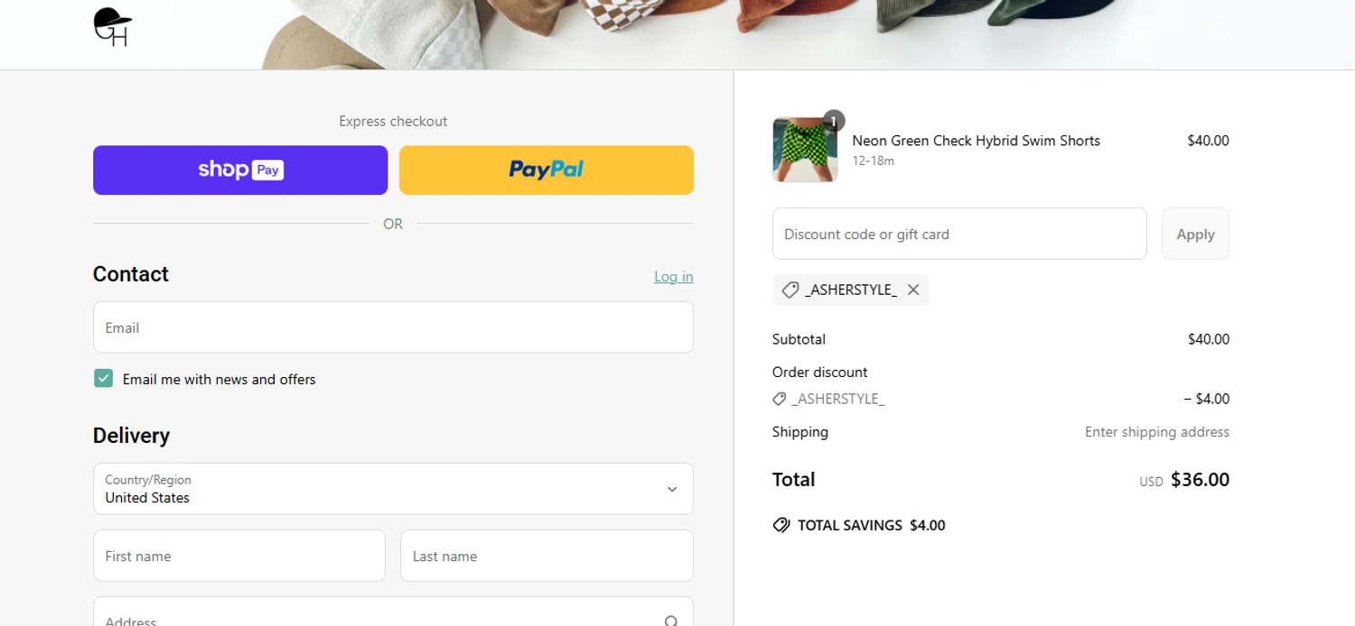 George Hats coupon code screenshot showing code _ASHERSTYLE_ applied at George Hats checkout page. Uploaded by SimplyCodes community member KarinaHZ on Apr 27, 2025